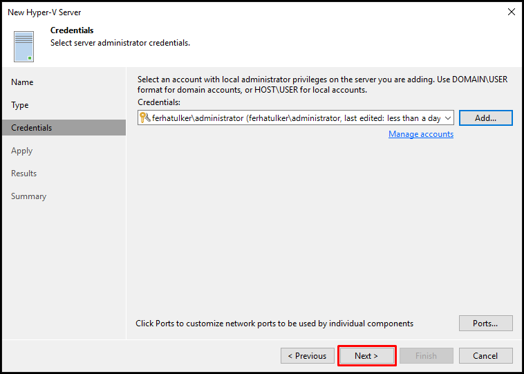 Veeam Backup & Replication v9.5 Update 4 (Hyper-V Server) Host Ekleme